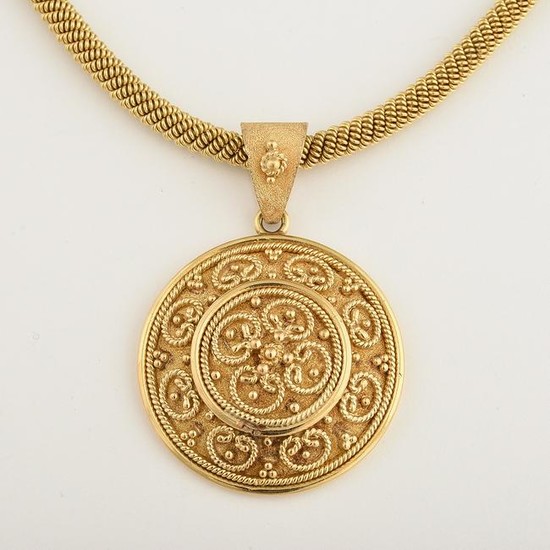 Greek 18k Yellow Gold Pendant Necklace.