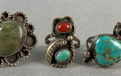 Group of 3 Native American Sterling Silver Turquoise and Coral Rings