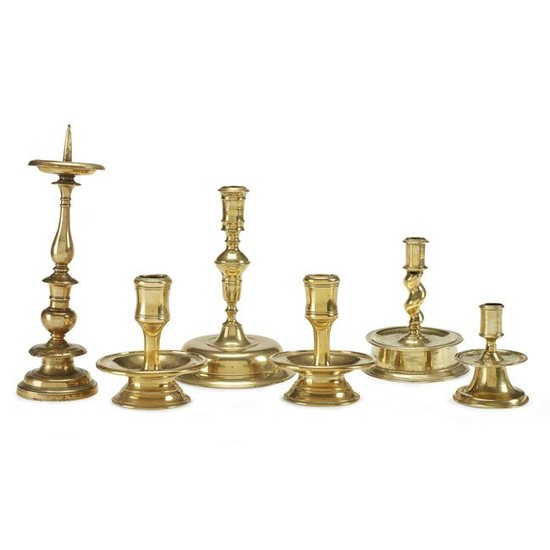 Group of six brass candlesticks, German or Flemish