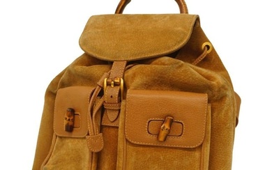 Gucci Backpack Bamboo 003 2058 0016 Suede Brown Beige Gold Hardware Women's
