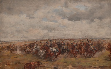 Guido SIGRISTE (Aarau 1864 – Pau 1915) La charge de cavalerie Panneau d’acajou Signé en...