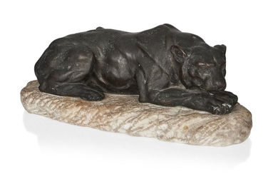 Henri Auguste Payen (1894-1933), Lioness sculpture, circa 1920s, Bronze, marble base, Signed in the cast and inscribed to the base, 40cm long x 15cm high