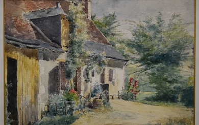 Henri Stanislas ROUART (1833-1912) "La maison aux roses trémières" Aquarelle signée en bas à droite....