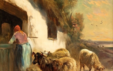 Henry SCHOUTEN (1857/64-1927) Paysanne et ses moutons Huile sur toile Signé en bas à gauche:...