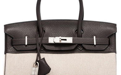 Hermès 30cm Cacao Clemence Leather & Toile Birkin Bag...