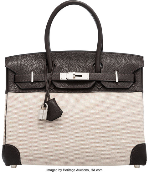 Hermès 30cm Cacao Clemence Leather & Toile Birkin Bag...