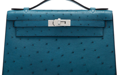 Hermès Blue Tempete Ostrich Kelly Pochette Bag with Palladium...