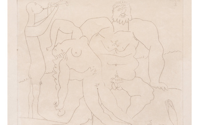 Homme nu avec femme ivre et jeune flûtiste, 1953; printed 1961,Pablo Picasso