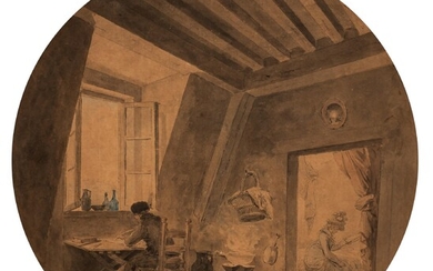 Hubert Robert (?) (1733-1808), the letter writing, pencil, ink and watercolour on paper, ø 31 cm