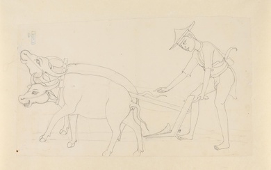 I Gusti Nyoman Lempad (1862-1978) 'Plowing farmer', pencil on paper. H. 30 cm. W. 52 cm. Unframed. Provenance: Collection Mead Bateson 1937 (ref. L 1102); Collection the Netherlands.