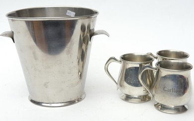 ICE BUCKET TOGETHER WITH THREE PEWTER 'CARLTON' BEAKERS