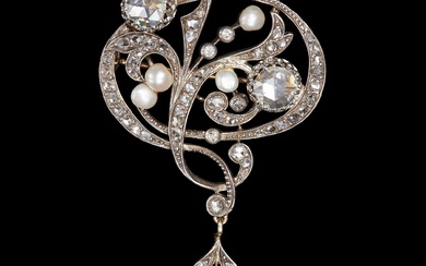 IMPRESSIVE CERTIFICATED VICTORIAN DIAMOND AND NATURAL SALTWATER PEARL BROOCH
