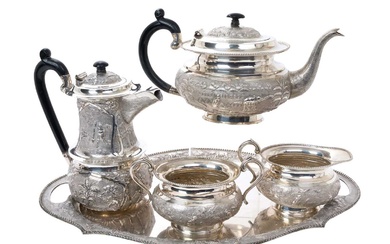 Indian silver four piece teaset together with a matching tray