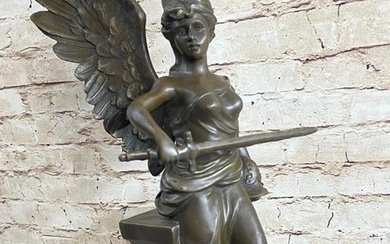 Inspired Winged Angel Warrior With Weapon Bronze Sculpture On Marble Base - 22" x 8"