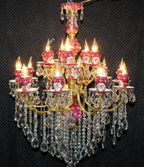 Italian porcelain, bronze & crystal 15-light chandelier