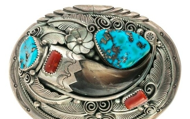 JW Toadlena Native Silver Coral & Turquoise Buckle