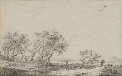 Jan van Goyen, Dutch 1596-1656- Landscape with trees and a peasant walking; black chalk and grey wash on laid paper, 9.2 x 14.2 cm. Provenance: With Alfred Brod Gallery, London.; Private Collection, UK, since 1965.; By descent. Note: No Dutch...