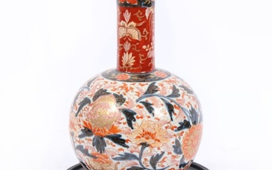 Japanese 13 inch Imari porcelain bottle vase with stand 13 1/2"H x 8"Diam.
