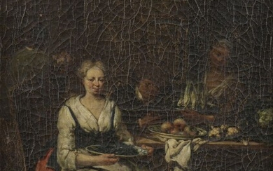 Jean-Baptist LAMBRECHTS (Anvers 1680 - 1731). Scène de garde-manger avec la préparation du service. Huile...