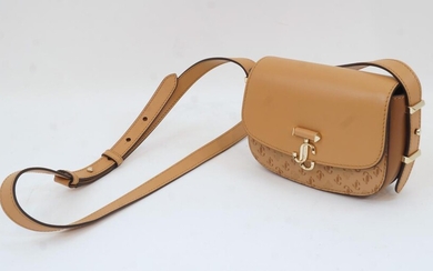 Jimmy Choo: a Varenne leather satchel in caramel and light gold with gilded magnetic clasp and fittings, with strap, the flap opening to reveal a suede lined interior with thin pocket containing authenticity card, approximately 13cm x 19cm x 7cm