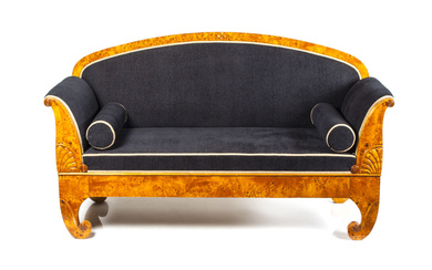 Karelian birch sofa in style Biedermeier First half of 19th century. Style Biedermeier. Karelian birch, fabric(new upholstering). Size 102x177x68 cm