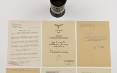 LUFTWAFFE HONOR GOBLET AND AWARD DOCUMENT GIVEN TO A FLIER KILLED BY RUSSIAN FLAK