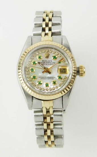Ladies Rolex Stainless & 18k Diamond Emerald Watch