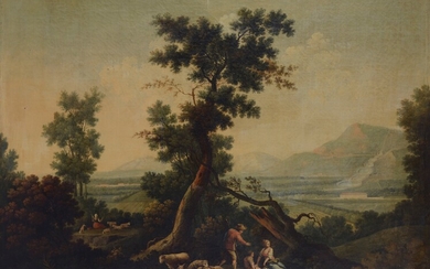 Scuola Francese, XVIII sec., Landscape with a view of the Royal Palace of Caserta and figures of shepherds