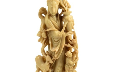 Large Antique Chinese Mutton Fat Soapstone Guanyin