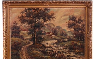Large Antique Rural Pastoral Landscape Painting