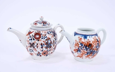 Large Lowestoft teapot and cover, painted with trailing flowers in underlaze blue, red enamel and gold, 16.5cm high