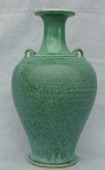 Large signed Art pottery green handled vase FR3SH