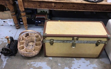 Large trunk containing pictures, together with a basket and a sewing machine