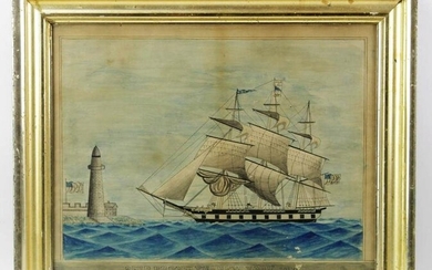 Late 19thC Pen and Ink Watercolor, Ship Brooklyn