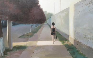 Liang Hongli "Woman Walking" Large Oil on Canvas