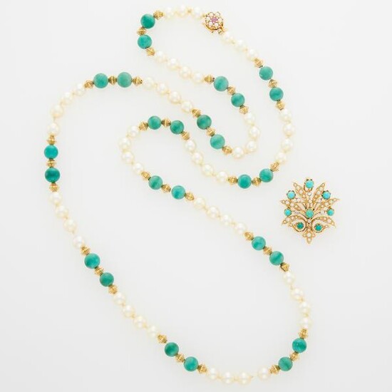 Long Gold, Turquoise Bead and Cultured Pearl Necklace and Turquoise, Diamond and Split Pearl Pendant-Brooch