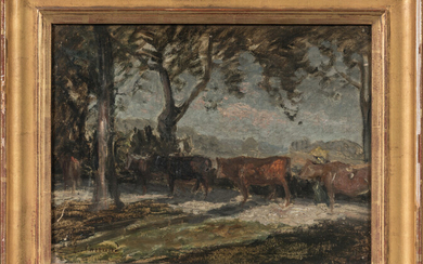 Lot 72 Louis Hilaire CARRAND (1821-1899). Vaches en contre-jour. Huile sur papier collé sur toile. Signé en bas à gauche. 26 x 33 cm. Petits accidents. OH
