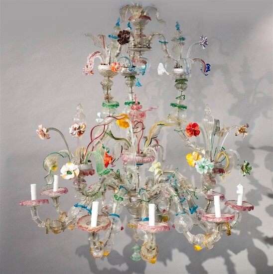 MONUMENTAL VENETIAN MURANO COLORED AND CLEAR GLASS NINE-LIGHT CHANDELIER