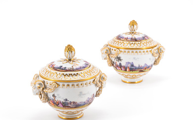 Meissen | PAIR OF PORCELAIN LIDDED VESSELS WITH RAM DECORATION AND SURROUNDING LANDSCAPE PAINTINGS