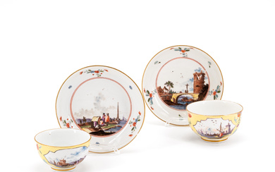 Meissen | PORCELAIN CUP AND TEA BOWL WITH SAUCERS AND MERCHANT SCENES ON YELLOW GROUND