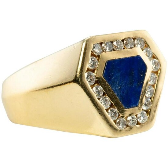 Mens Diamond Lapis Lazuli Ring 14K Gold Band Geometric