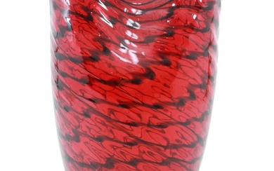 Mid-Century Modern Red Art Glass Vase with Black Zig Zag Accents 11.5 inches height x 7.25 in. w.