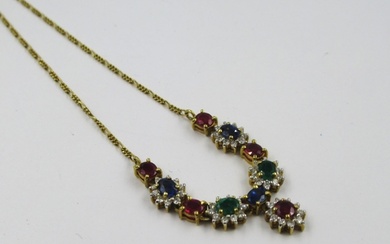Modern 18ct gold ruby, sapphire, emerald and diamond necklac...