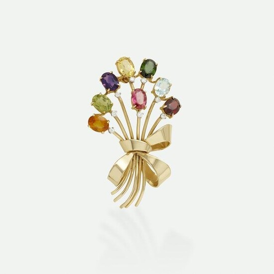 Multi-gem, diamond, and gold ribbon bouquet brooch