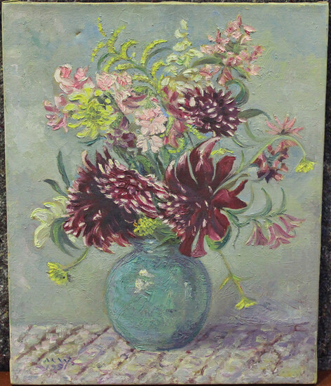 Muriel Wheeler - Still Life of Summer Flowers in a Vase, oil on canvas, signed with initials and dat