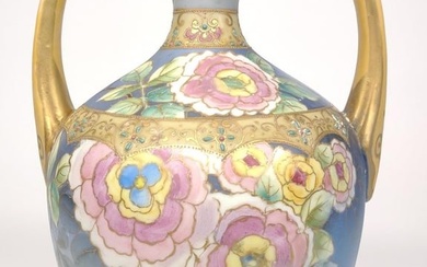 Nippon Floral Jeweled Enamel Porcelain Vase