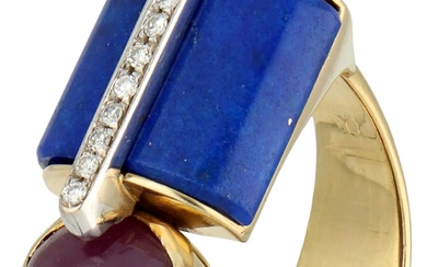 No Reserve - 18K Yellow Gold Centoventuno design ring with lapis lazuli and natural ruby.