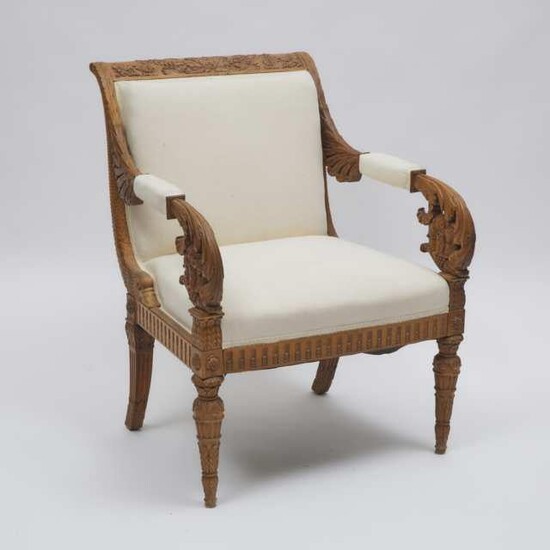 North Italian Neoclassical Carved Walnut Open Armchair
