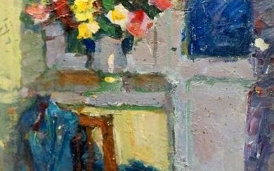 Oil painting Flowers on the windowsill