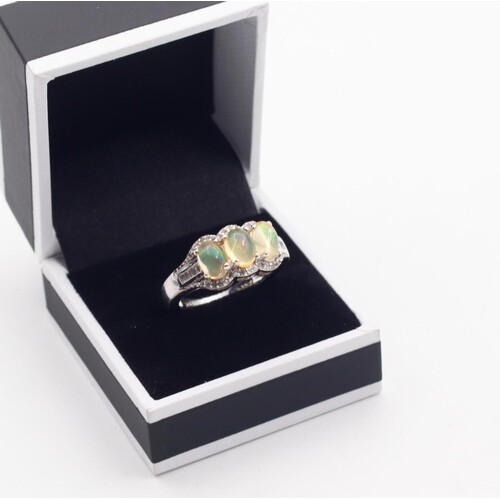 Opal Set Ladies Ring Mounted on Silver Ring Size Q